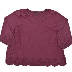 Lane Bryant Purple Blouse 100% Cotton Size 26 Plus V Neck Long Sleeve